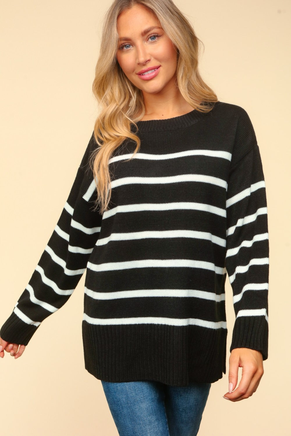 Gisela | Full size Haptics sweater, striped contrast side slit
