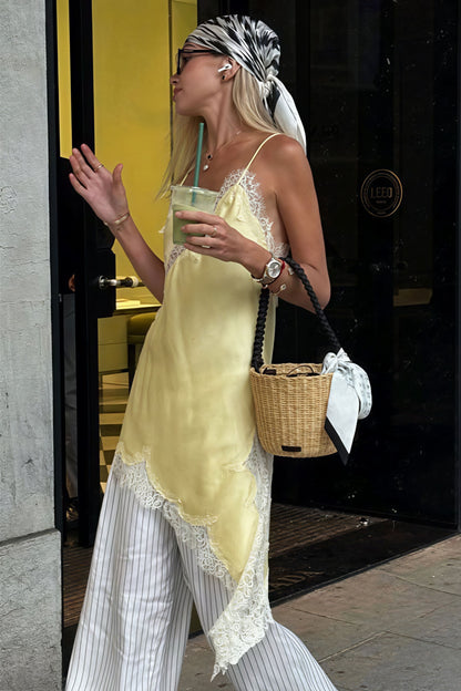 Lace Trim Patchwork Low Cut Asymmetrical Slit Cami Top