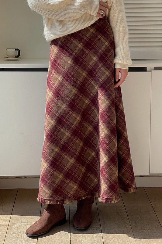 Red Plaid Wool Bodycon Skirt