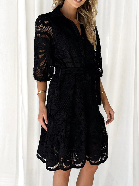 Viola® | Elegant Lace Mini Dress With Tie Waist And Half Sleeves