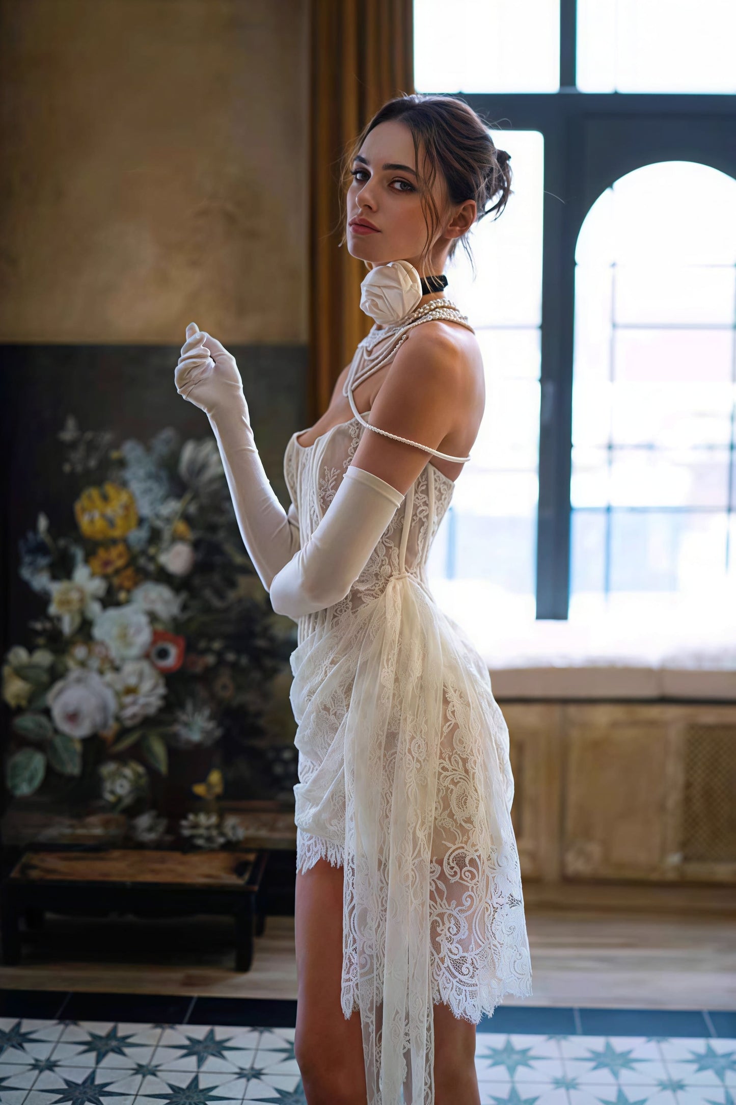 Lace Boned Bandeau High Slit Asymmetrical Reception Dress