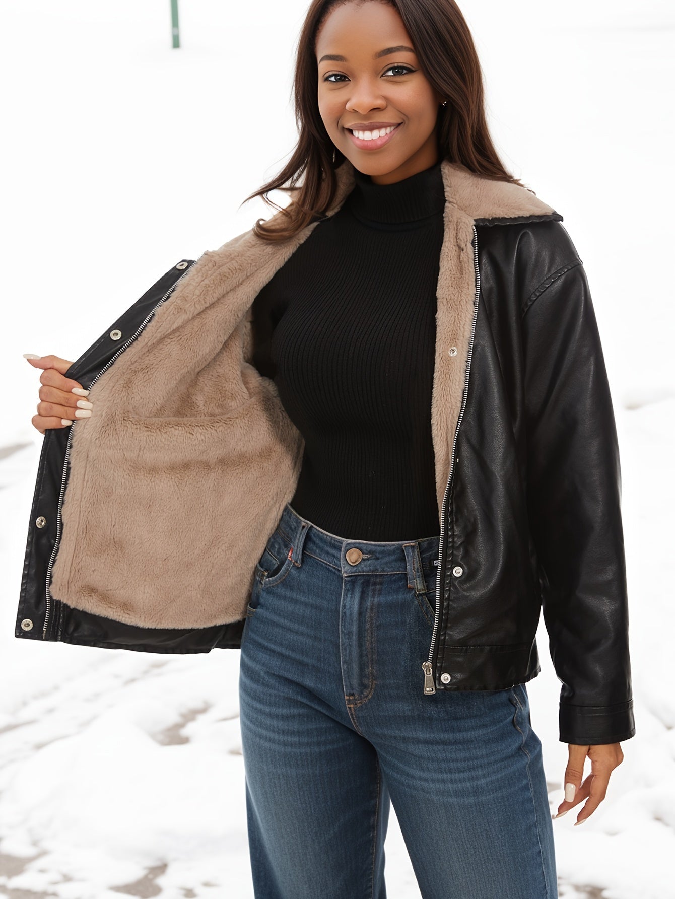 Denise | Fleece lined PU leather jacket