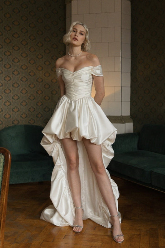 Satin Off Shoulder High Low Reception Dress