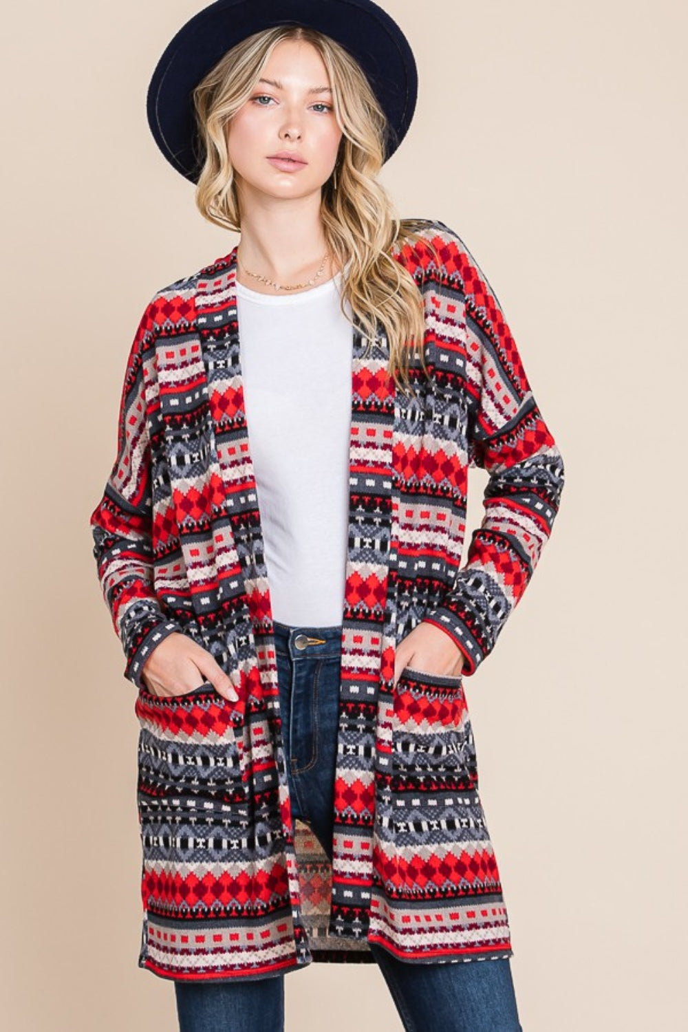 Magda | Geometric open front long sleeve cardigan with pockets