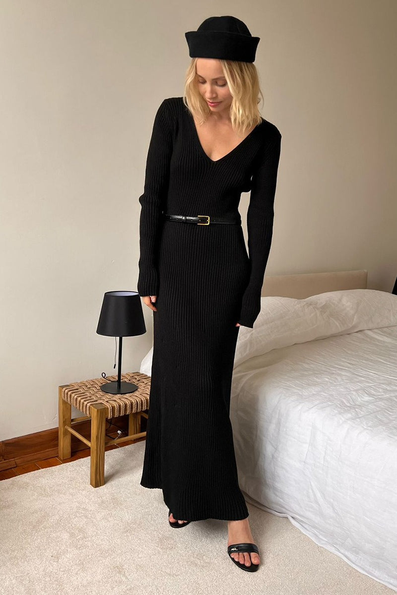 Knit Bodycon V Neck Maxi Dress