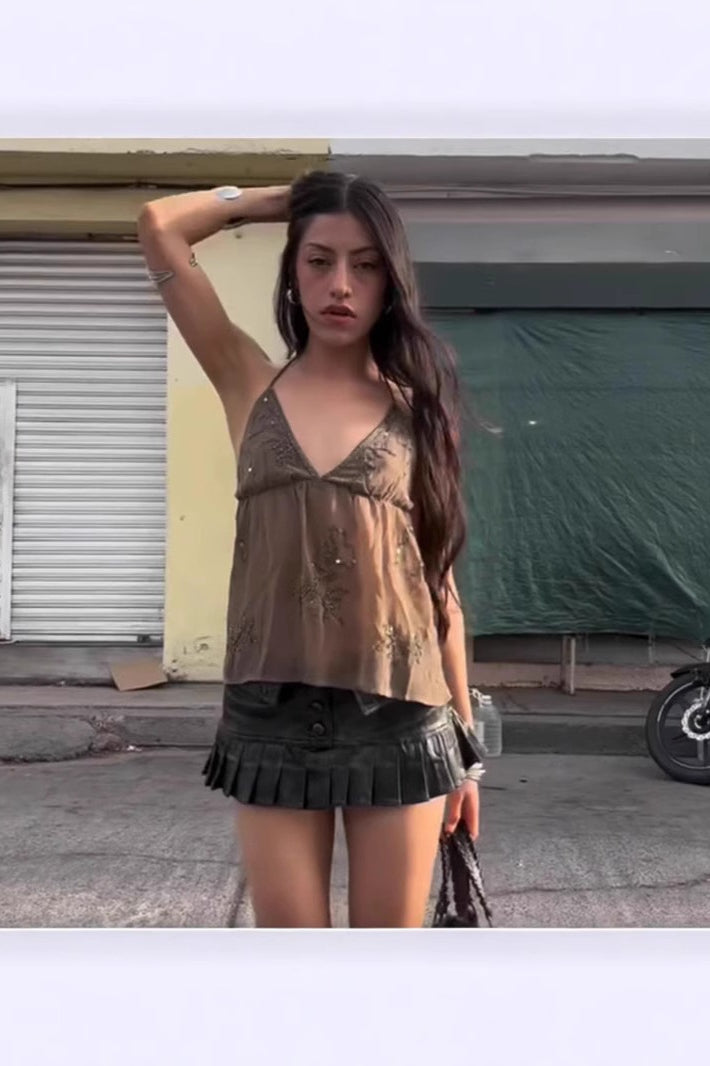 Embroidered Mesh Tank Top with Rhinestones