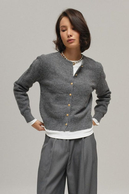 Minimalist Knitted Gold Buckle Crew Neck Cardigan