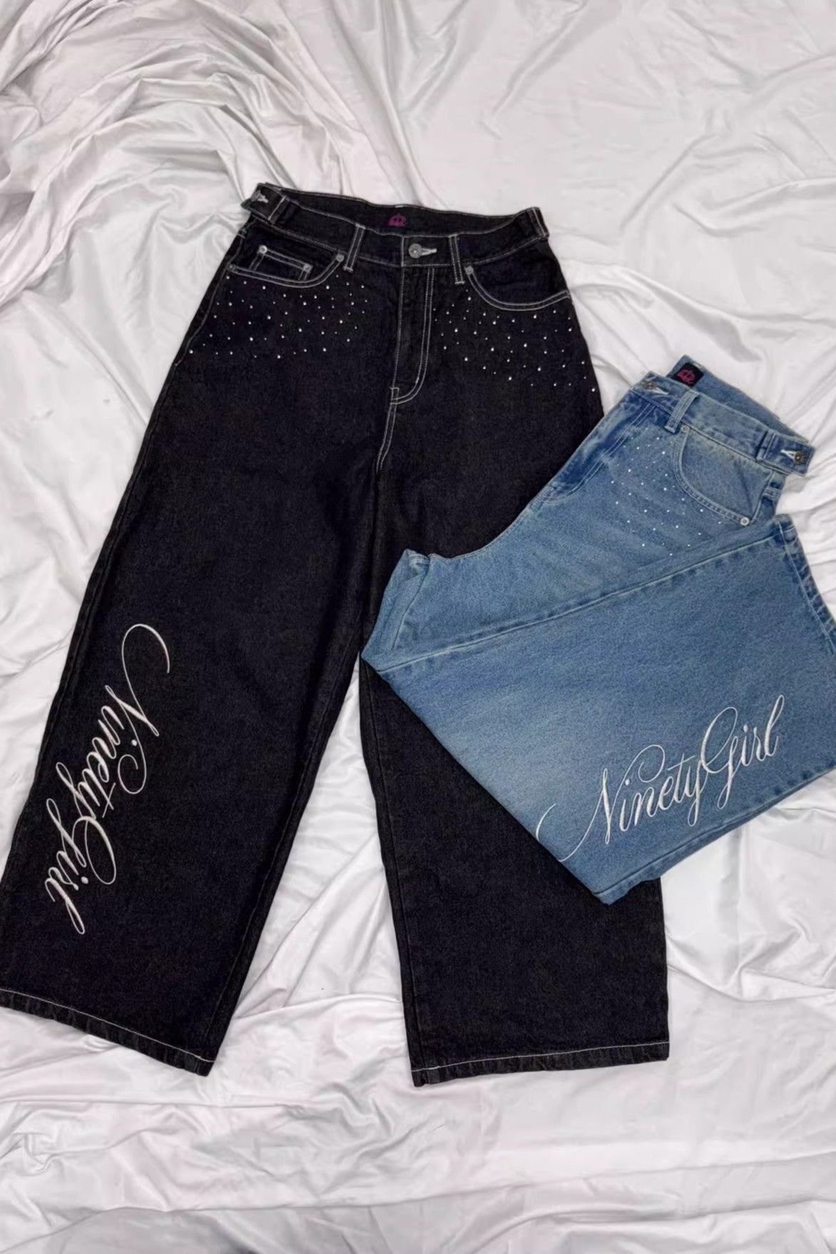 Angel Wing Embroidery Rhinestone Straight Jeans