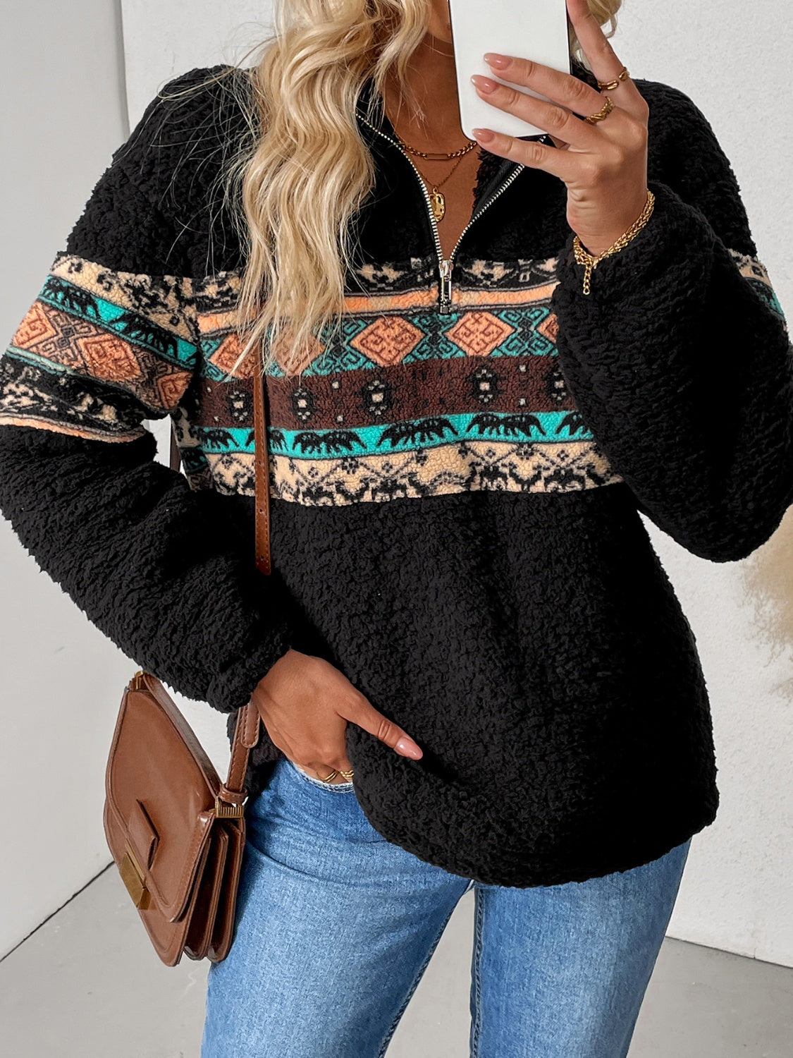 Cristina | Geometric quarter zip long sleeve sweatshirt