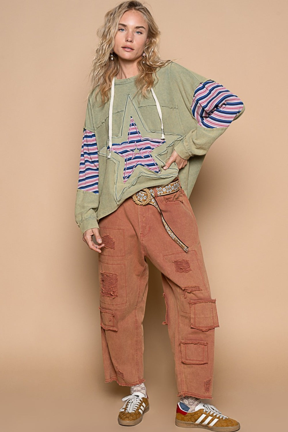 Carla | French terry hoodie with star patchwork and raw edges