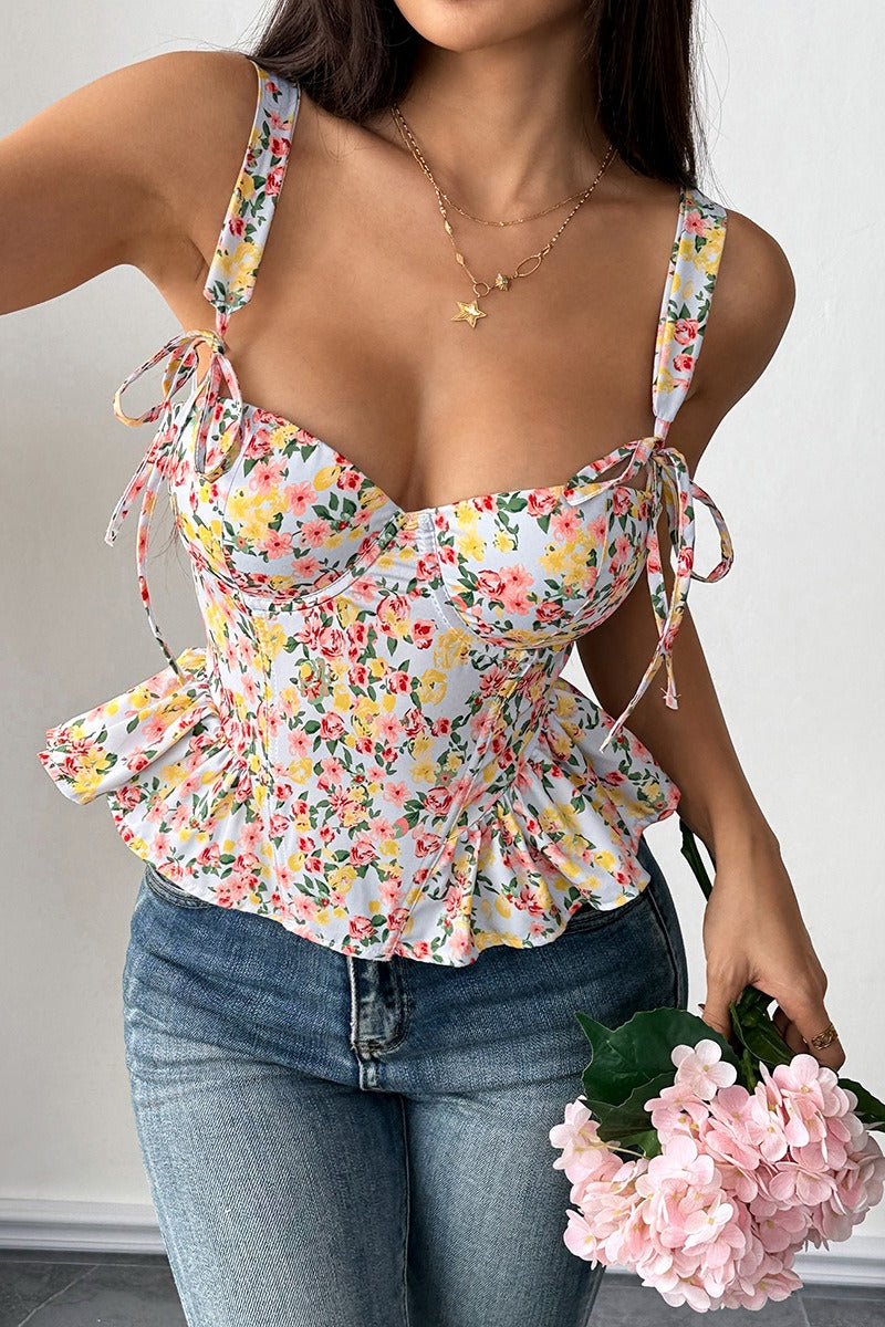 Floral Tie Adjustable Boned Ruffled Tank Top