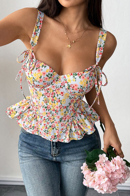 Floral Tie Adjustable Boned Ruffled Tank Top