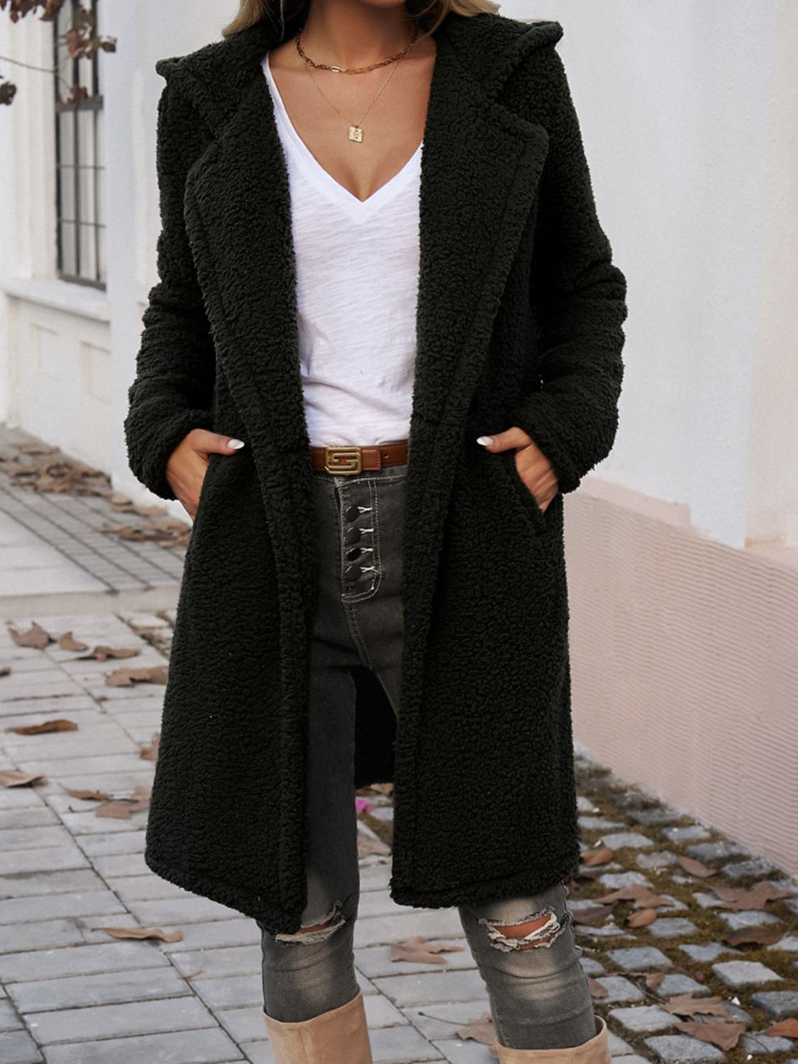 Elsa | Long sleeve teddy coat with hood and pockets