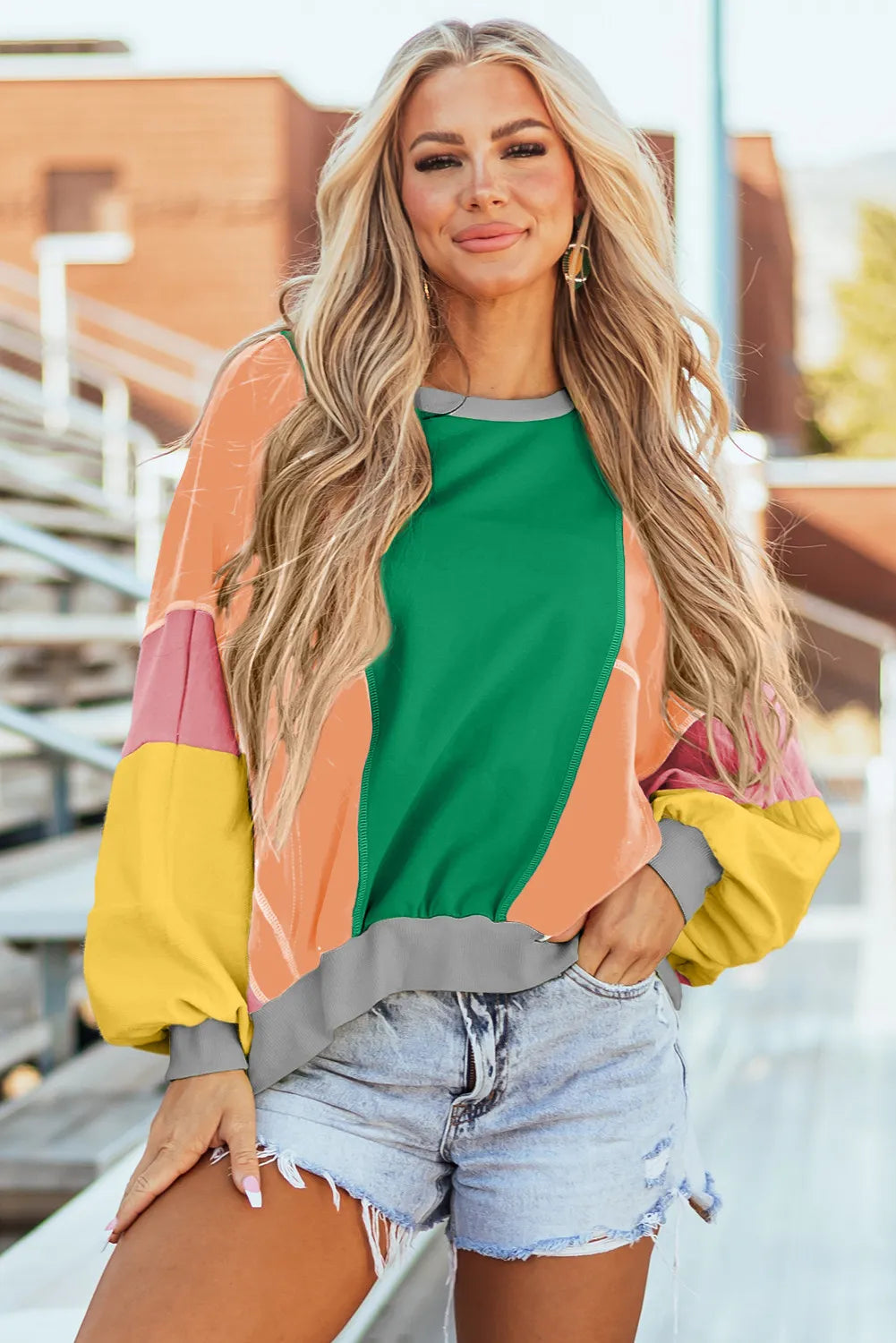 Claudette | Color block long sleeve crew neck top