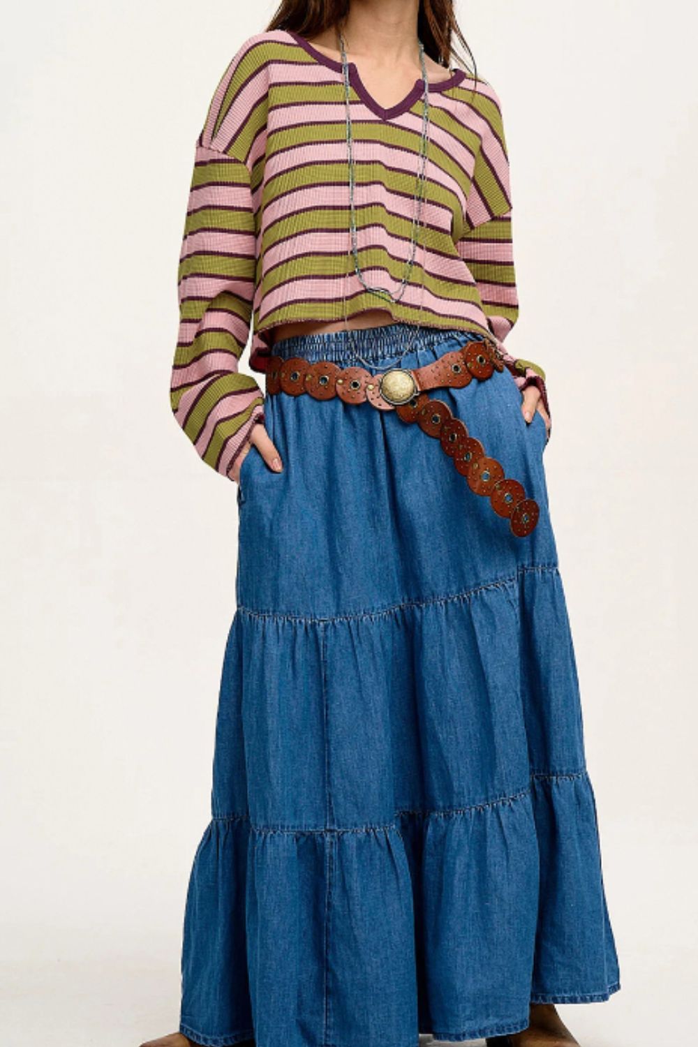 Katia | Striped notched long sleeve t-shirt