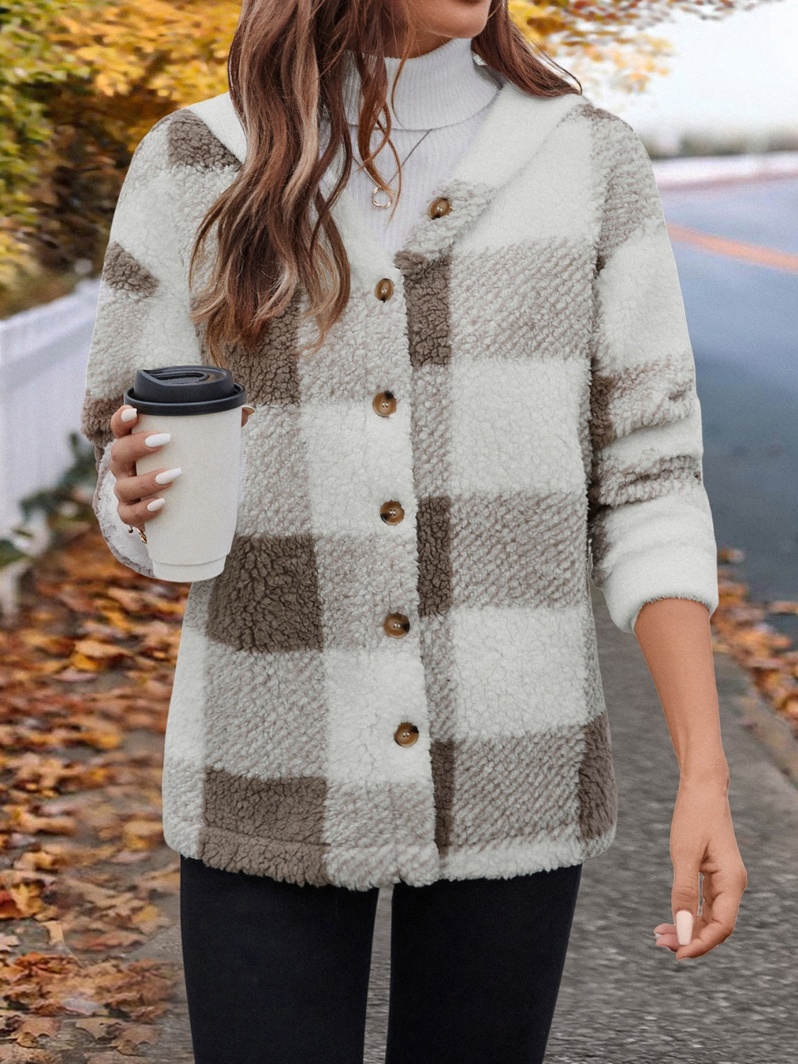Ursula | Fluffy checked hooded jacket with buttons