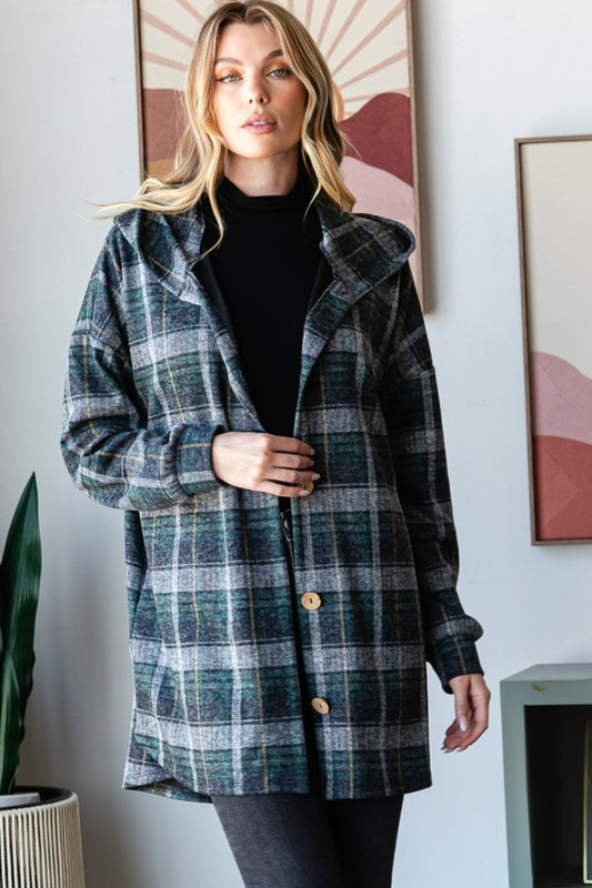 Loretta | Heimish checked button-down cardigan with hood and long sleeves