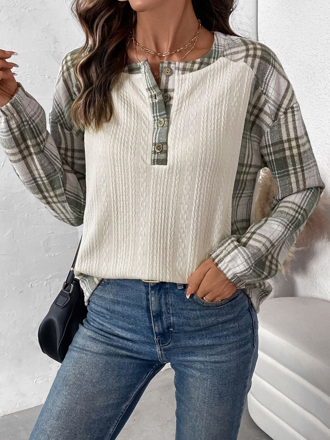 Felicidad | Perfee checked long sleeve half button t-shirt