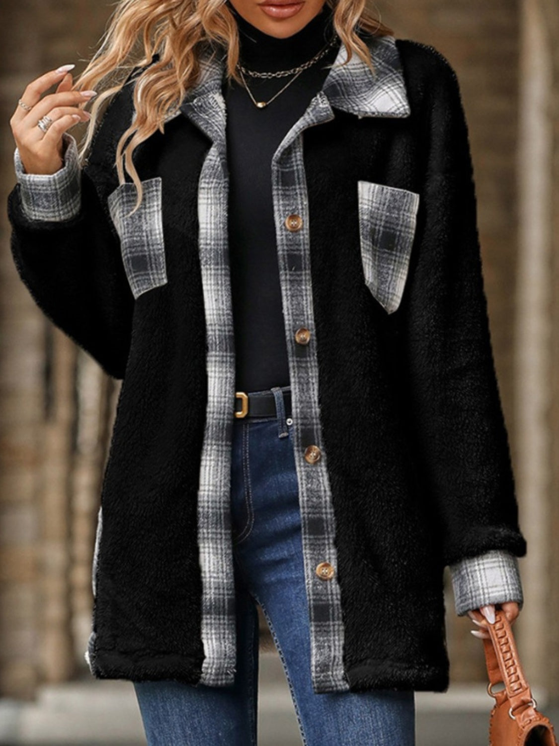 Marta | Checked buttoned fluffy outerwear with long sleeves