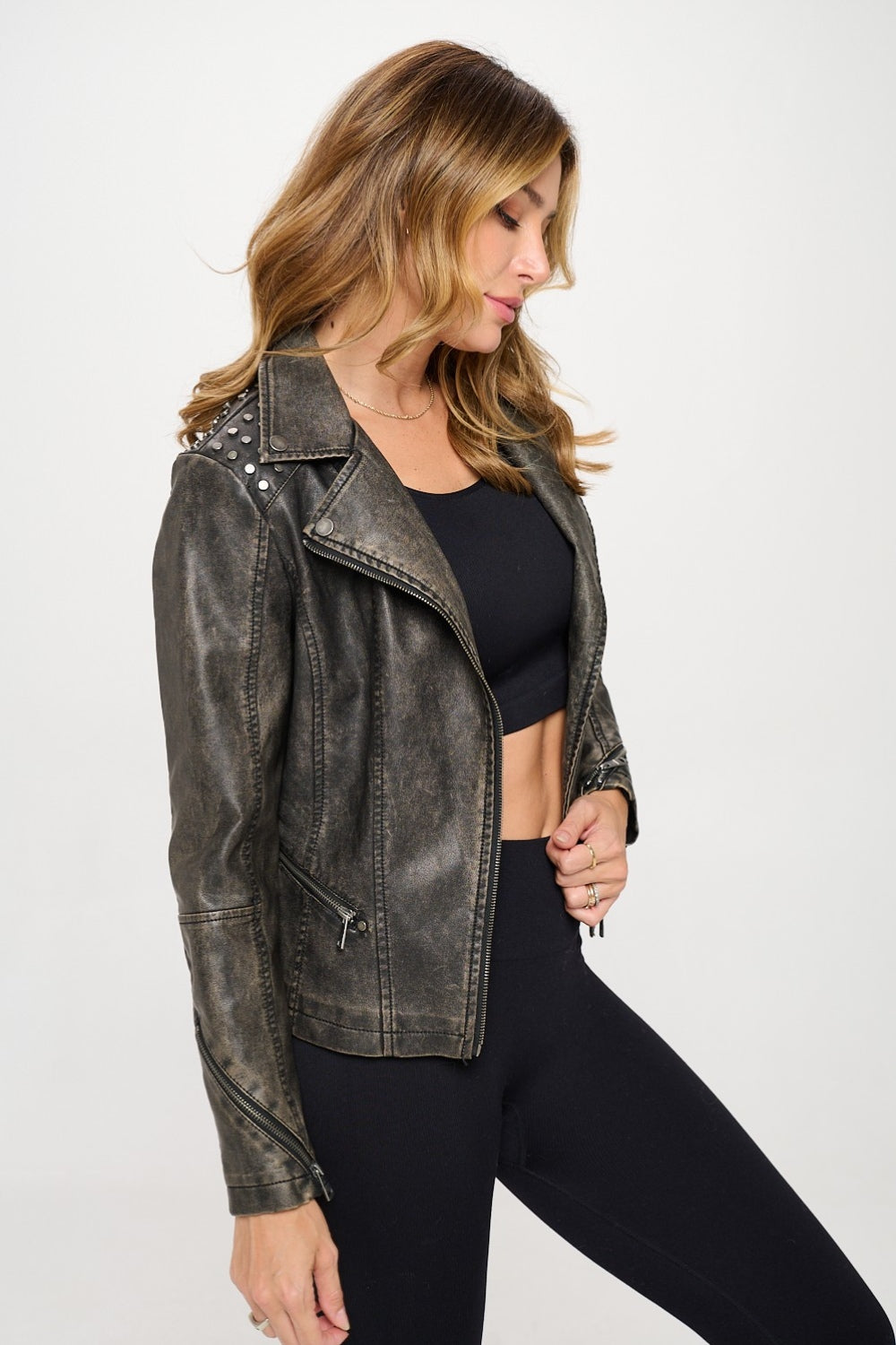 Edna | Classic moto faux leather jacket with studs