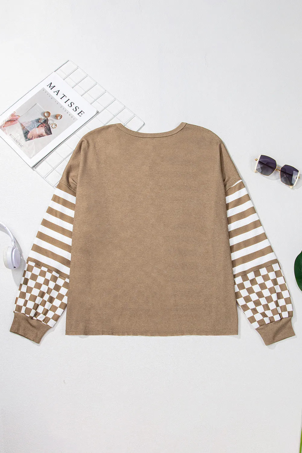 Hannah | Checked and striped long-sleeved blouse with a round neckline