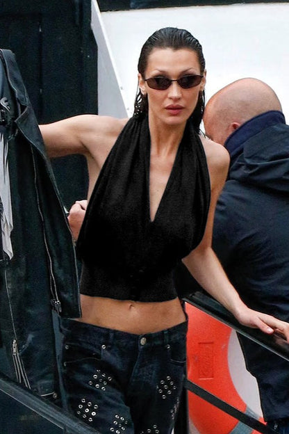 Loose V Neck Halter Solid Waist Button Backless Tank Top