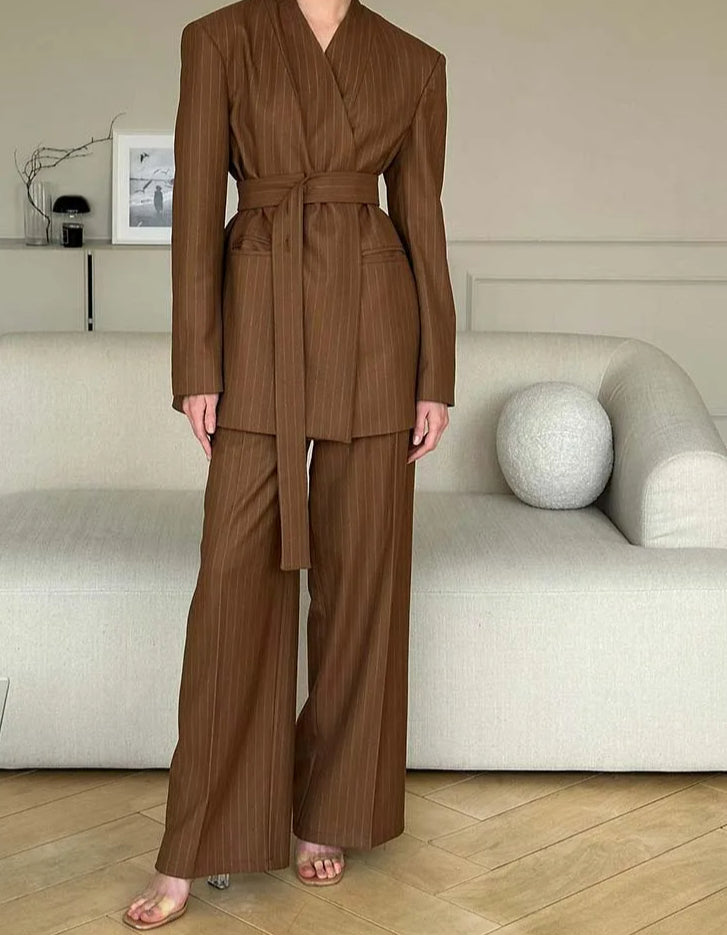 Brown Print V-Neck Lace-Up Pants Office Two Piece Set