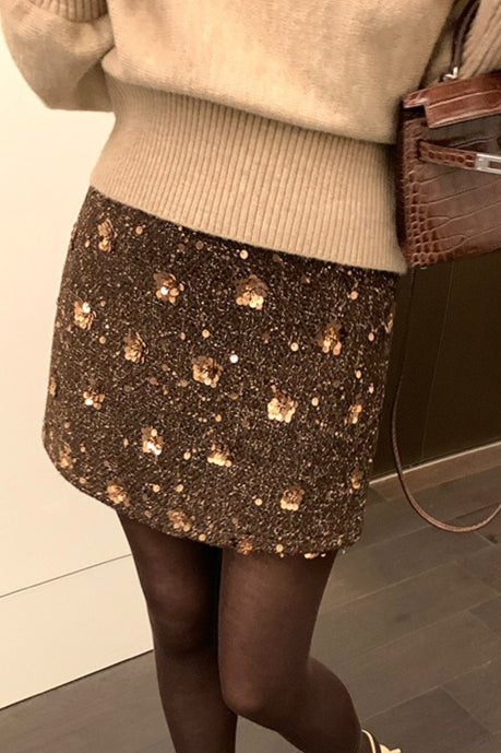 Sequin Embroidered High Waist A-line Fitted Short Skirt