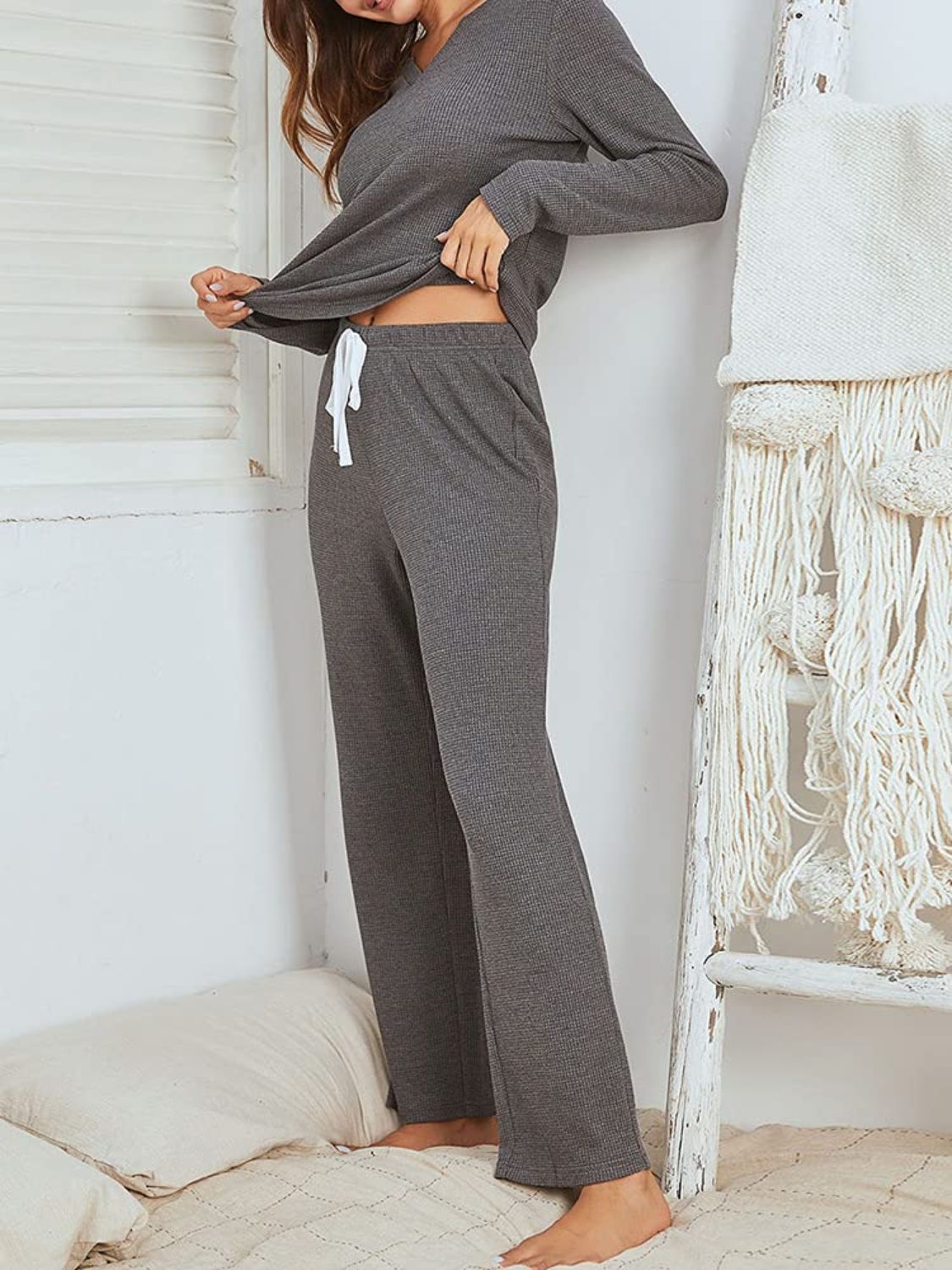 Samantha | Notched long sleeve shirt and trousers set