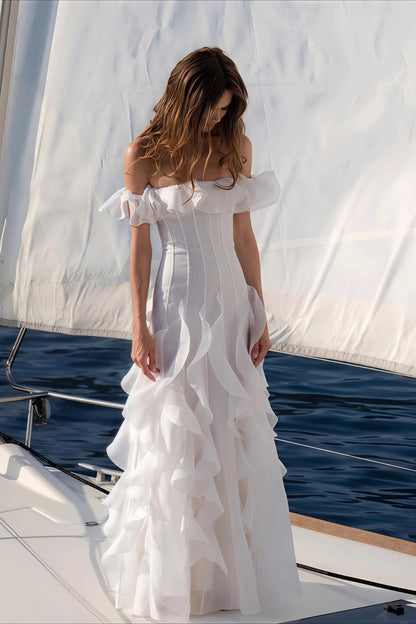 Sweet Off Shoulder Ruffle Tiered Reception Dress