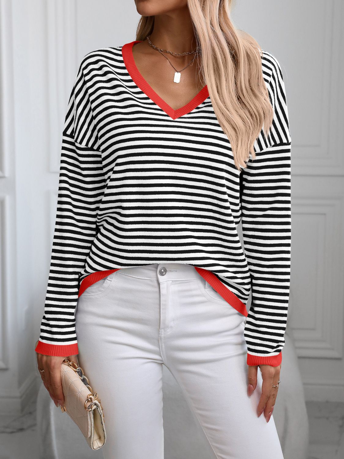 Melina | Striped long-sleeved knit top with V-neck and contrast trim