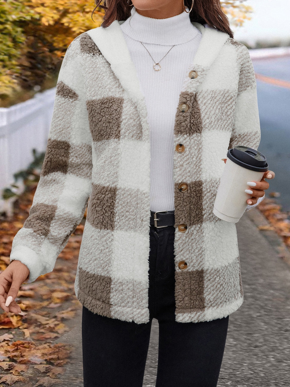 Ursula | Fluffy checked hooded jacket with buttons