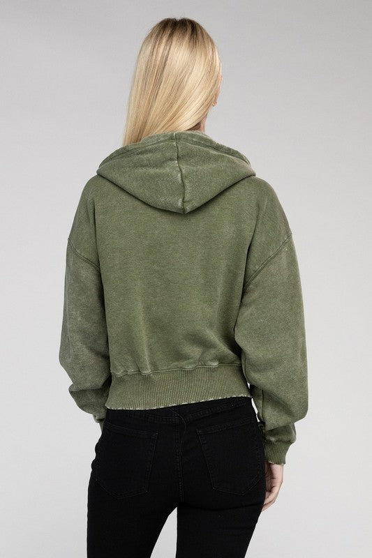Fabiana | Cropped acid wash fleece zip-up hoodie