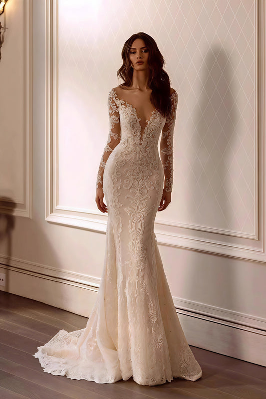 Lace Deep V Mermaid Detachable Train Wedding Dress