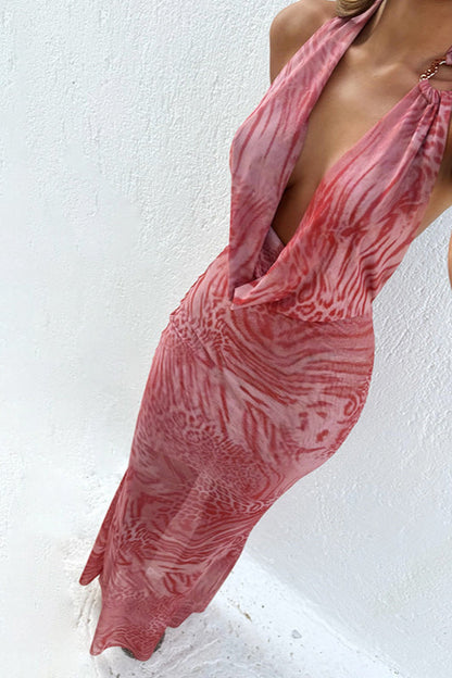 Leopard Print Cowl Neck Bodycon Maxi Dress