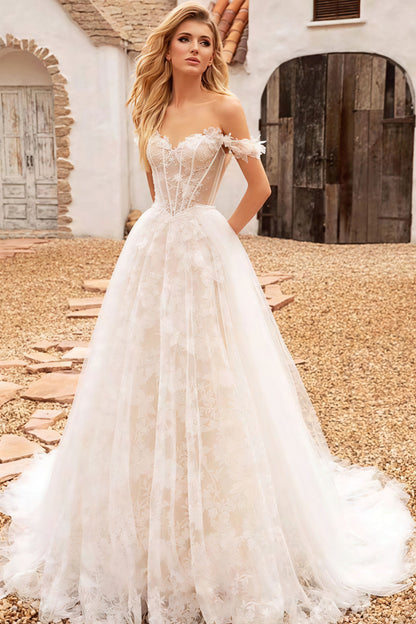 Off Shoulder Lace Applique Boned Wedding Dress