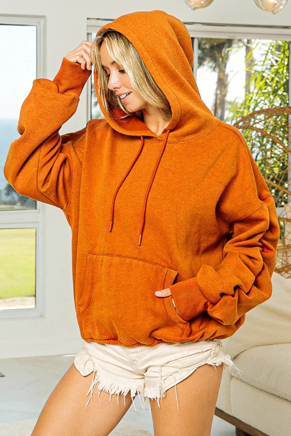 Rocio | Gathered, long-sleeved hoodie made from washed fleece