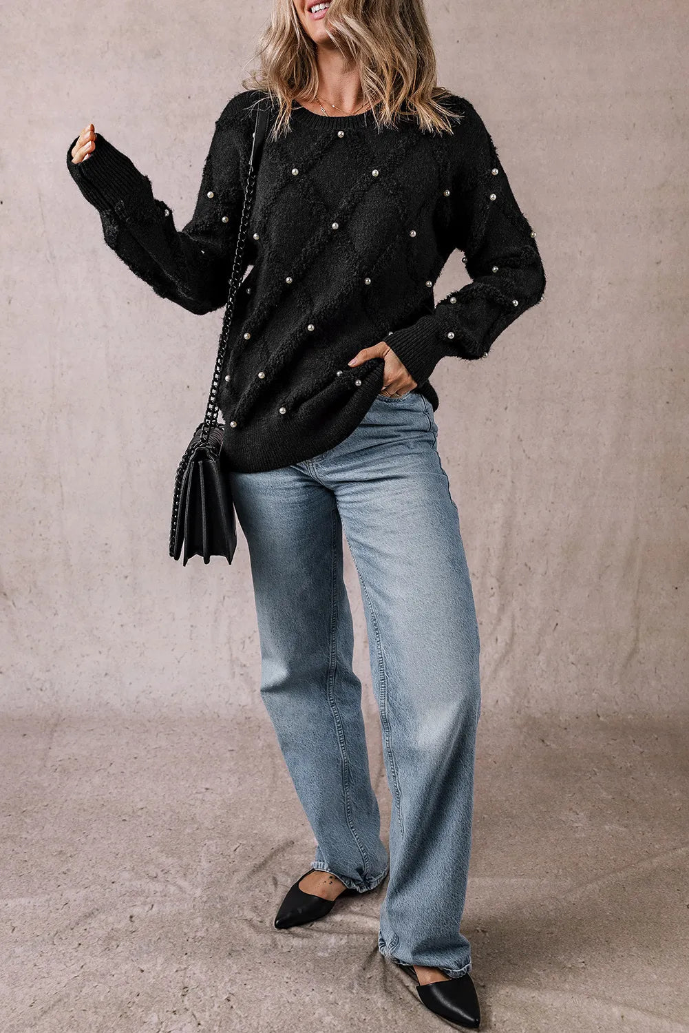 Adina | Long sleeve crew neck sweater with pearl detail