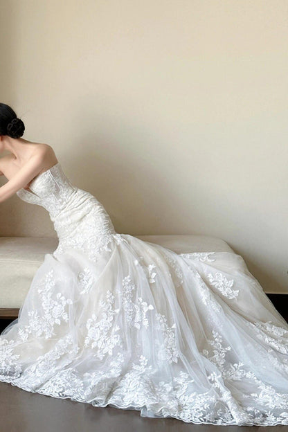 Lace Strapless Mermaid Train Wedding Dress