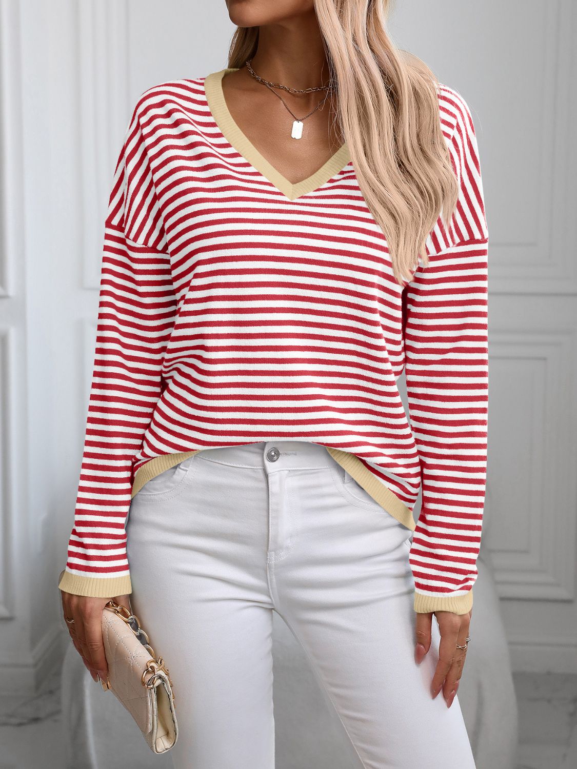 Melina | Striped long-sleeved knit top with V-neck and contrast trim