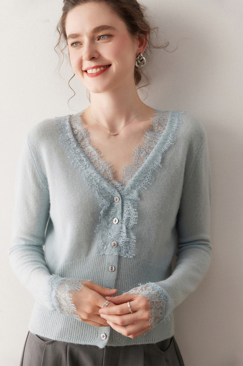 Cashmere Lace-Trimmed V-Neck Knit Cardigan