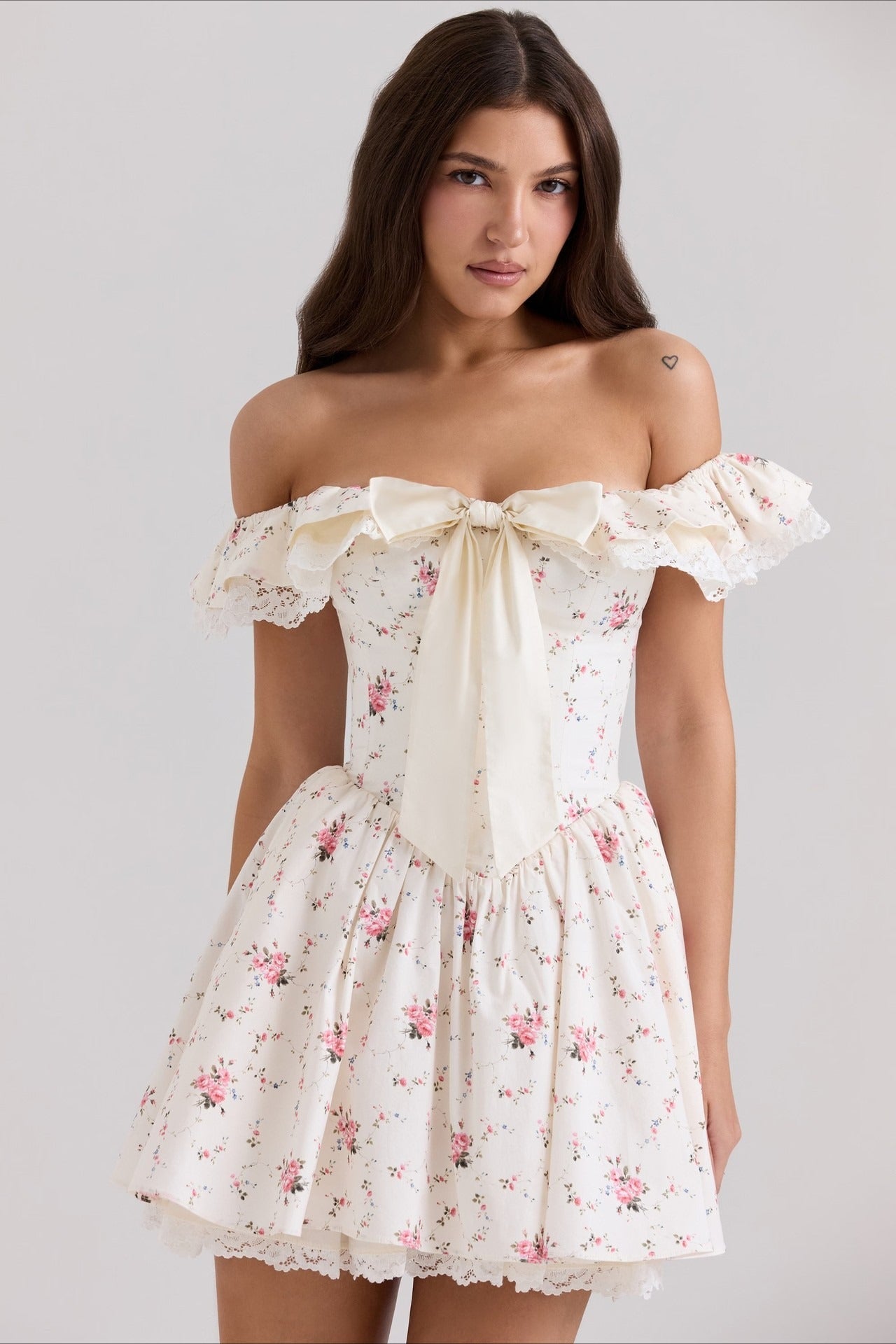 Sweet Floral Bow Off Shoulder Mini Dress