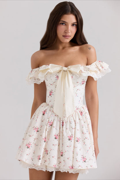 Sweet Floral Bow Off Shoulder Mini Dress