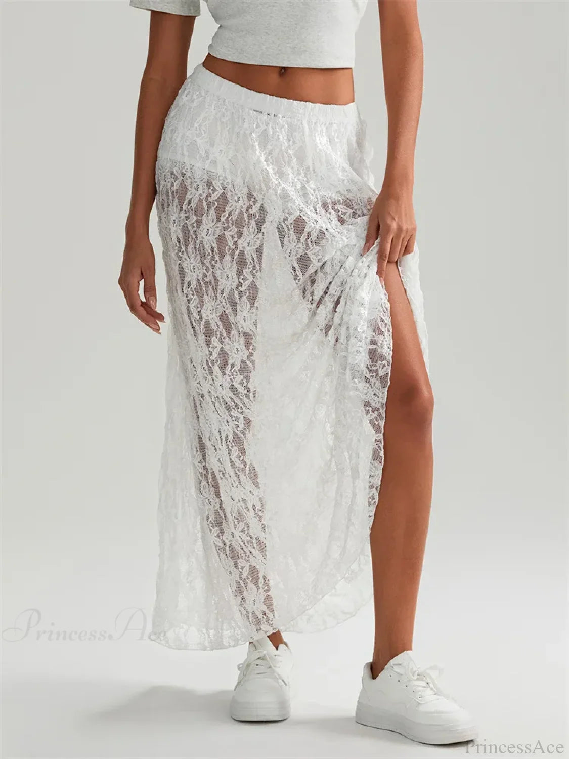 Fall Long Maxi Skirt Elastic Waist Lace Floral Casual Skirt