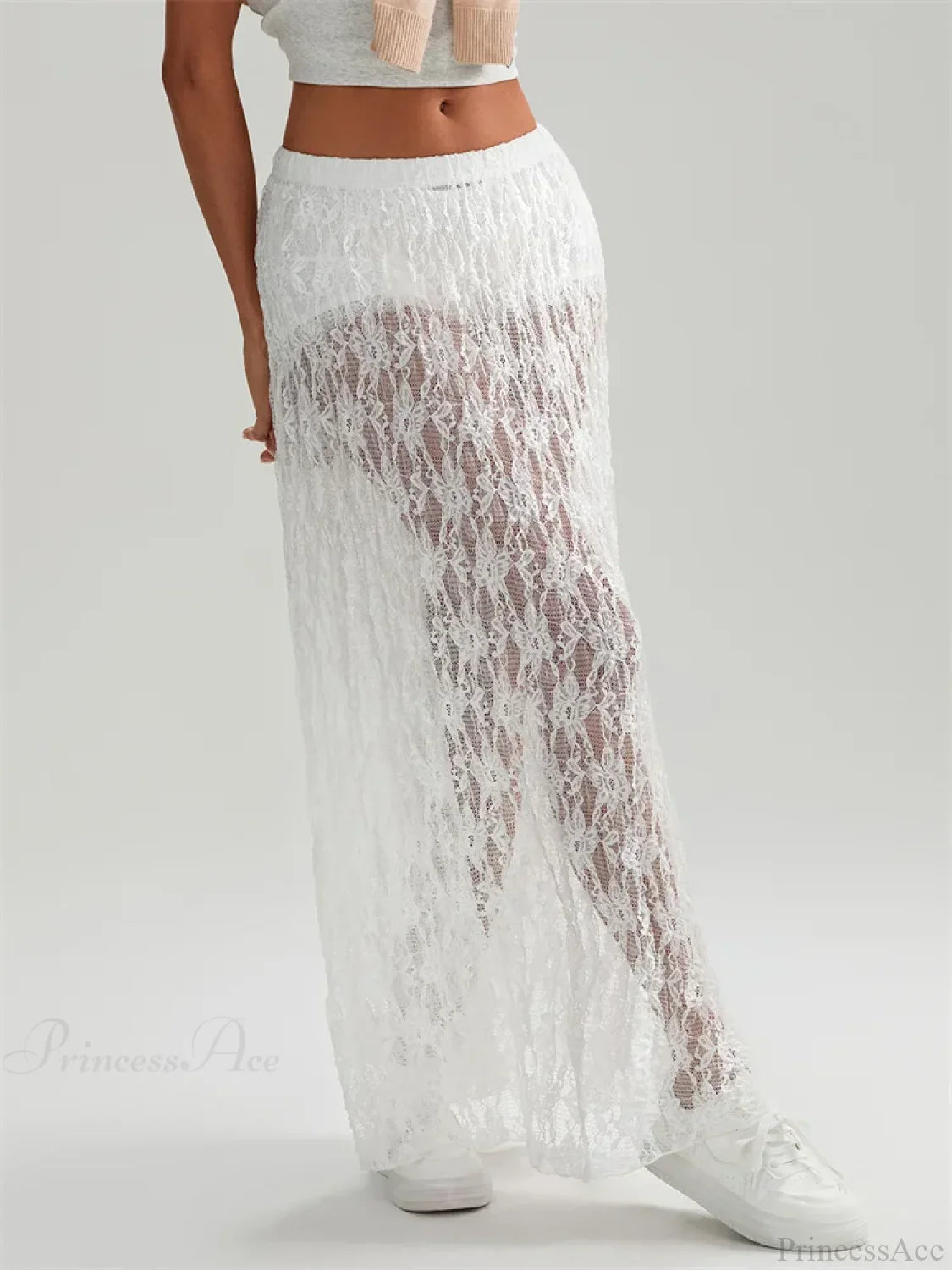 Fall Long Maxi Skirt Elastic Waist Lace Floral Casual Skirt