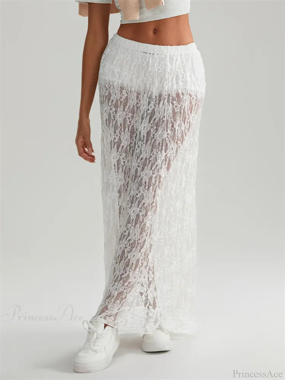 Fall Long Maxi Skirt Elastic Waist Lace Floral Casual Skirt