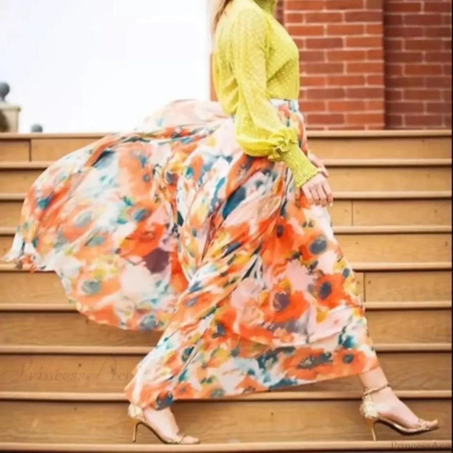 Fashion Boho Chiffon Floral Long High Waist Pleated Skirt