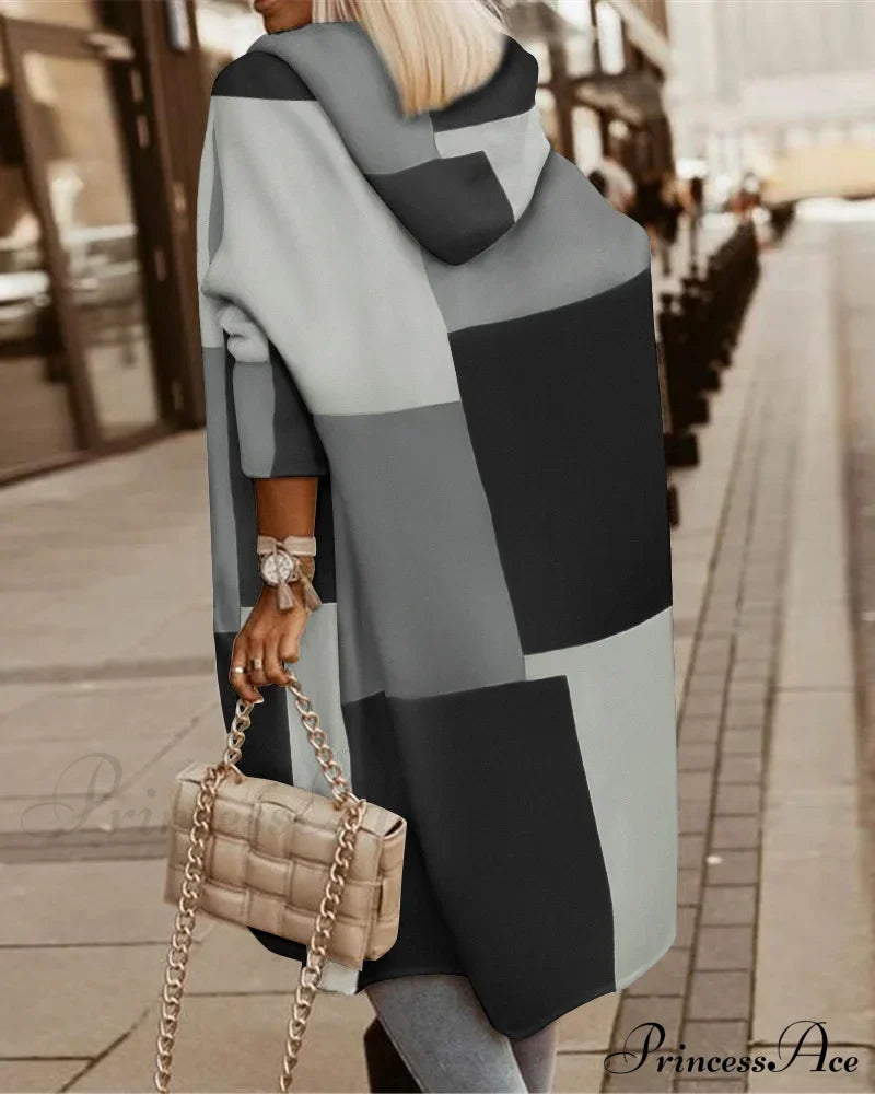 Fashion Geometric Print Long Sleeve Hooded Casual Loose Trench Stylish Coat