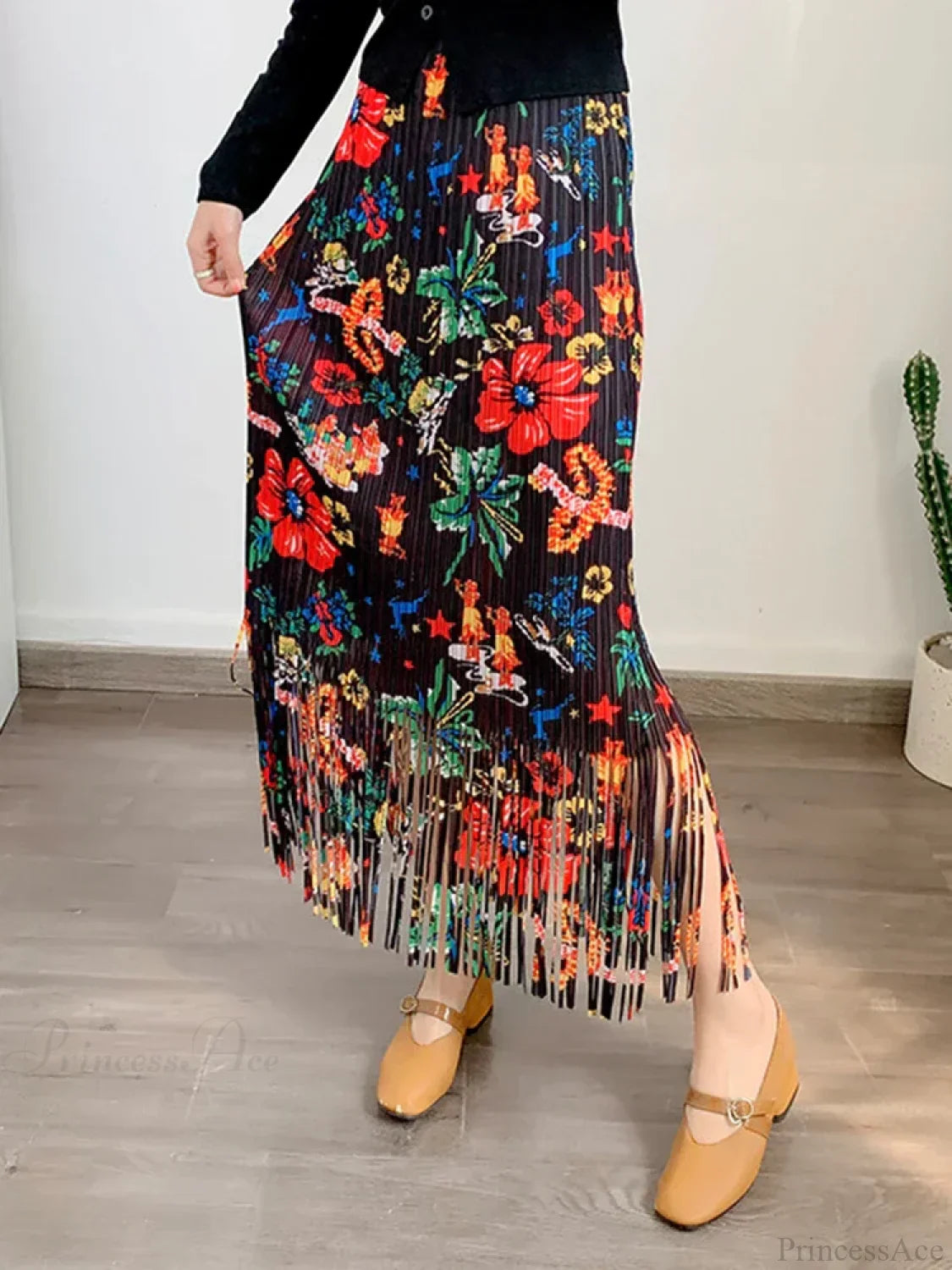 Fashion Printed Flower Tassels High Elastic Waist Skirt