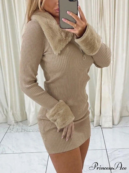 Faux Fur Trim Rib Modern Knit Long Sleeve Mini Dress